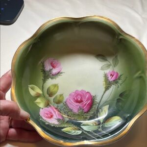 Floral Green and Pink Decorative Bowl Vintage Bavarian Royal Vienna Rose Peintur